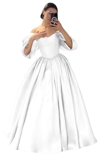 Satin Prom Dress 2026 Off-Shoulder A-Line Lace-Up White US12