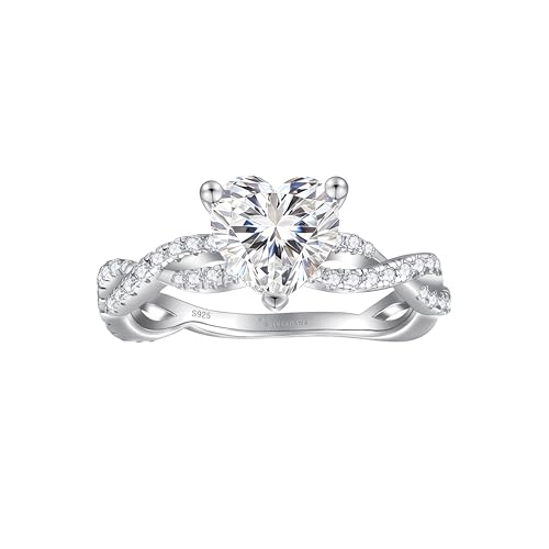 SILVERNANA 2ct Heart Moissanite Engagement Ring for Women 925 Sterling Silver Twisted Vine Pave Band Heart Solitaire Promise Ring for Her Size 9.5