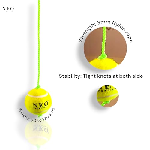 Image of Medium-Heavy Weight *80 Grams* Hanging Tennis Green Ball || 3.6 mtrs Nylon Rope || Double Knot || Green Rope || Pack of 2
