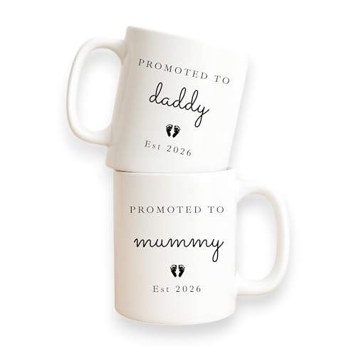 Personalised Promoted to Mummy & Daddy Est. YEAR Ceramic Mug Set Pregnancy Announcement Mugs with Baby Feet New Parents Gift Baby Reveal Baby Shower Keepsake (Set of 2: Mum & Dad)