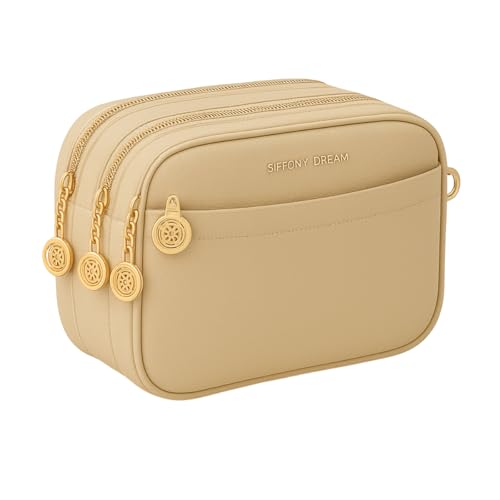 Bolsa Feminina Tiracolo Pequena 3 Zíperes Couro Sintético QUBCCUM (Marrom Claro)