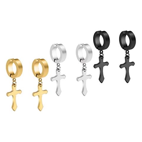 3 Pairs Non-Piercing Clip On Cross Earrings Set Stainless Steel Dangling Huggie Earrings for Mens Womens Cover