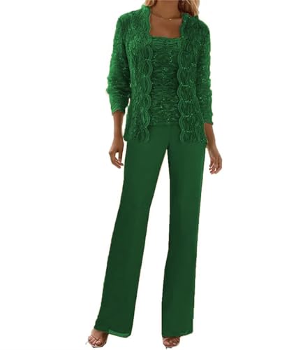 3Pcs Women's Mother of The Bride Pant Suits Chiffon Sequin Lace Grandmother of The Pant Suits for Wedding Petite Aqua Formal Evening Gowns Us2
