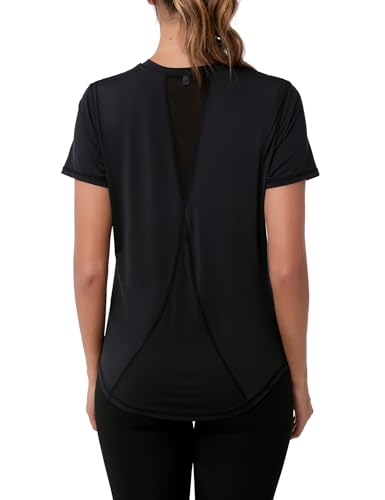 Gyabnw Gym Toppar för damer V-ringad yoga toppar snabbtorkande träning T-shirts med fukttransporterande fitness t-shirt sportkläder för löpning och träning, Svart, M