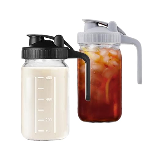 Hniuyun 2 Pack Milk Pitcher Jug, 32oz Airtight Glass Wide Mouth Mason Jar with Pour Spout Lid for Breastmilk, Iced Tea, Cold Brew Coffee, Juice Storage Container (Black&Gray)