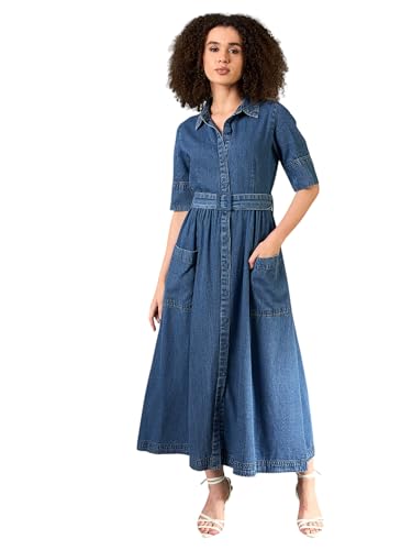 Image of Sassafras Women's A-Line Fit & Flared Half Sleeves Denim Belted Maxi - Casual Streetwear Denim Dress