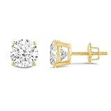 14K Solid Yellow Gold Stud Earrings | Round Cut Cubic Zirconia | Screw Back Posts | 3.0 CTW, 1.5 CTW