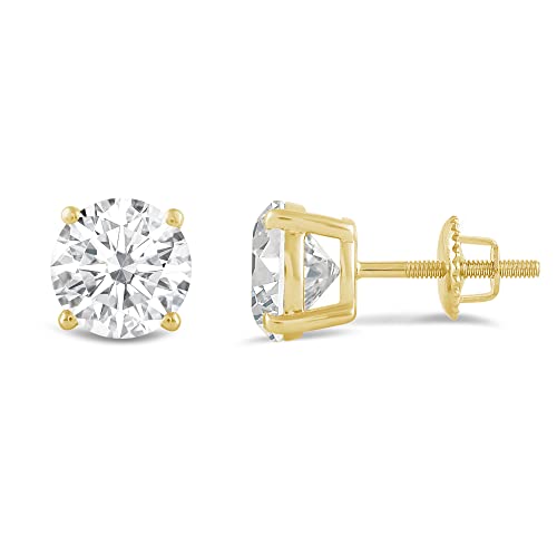 14K Solid Yellow Gold Stud Earrings | Round Cut Cubic Zirconia | Screw Back Posts | 3.0 Ctw, 1.5 Ctw Each | With Gift Box #TOP8