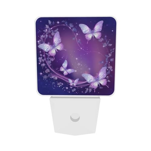 Image of Purple Butterfly Night Light Set of 2, Sparkle Star Auto Sensor LED Dusk-to-Dawn Nightlights, Plug-in Sensor Lamp for Bedroom Bathroom Kitchen Hallway Stairs Decorative