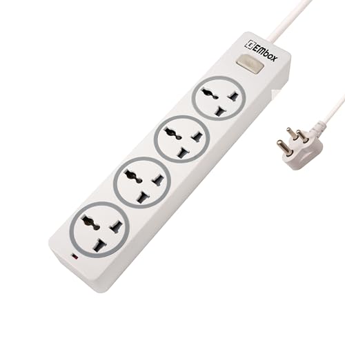 EMBOX 10A Extension Board with Master Switch-Multi Plug Socket with 4 Universal Sockets-Extension Cord with Safety Shutter and LED Indicator-1500W (White-2 Meter Cable)