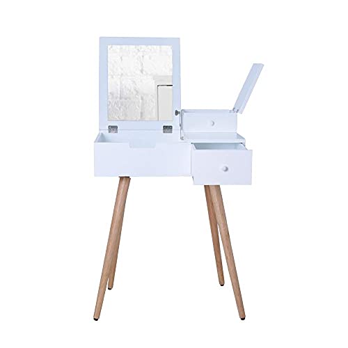 Organizedlife Vanity Table With Flip Top Mirror, Makeup Dressing Table Computer Desk With Solid Wood Legs For Small Spaces Beisde Bed,White #TOP7