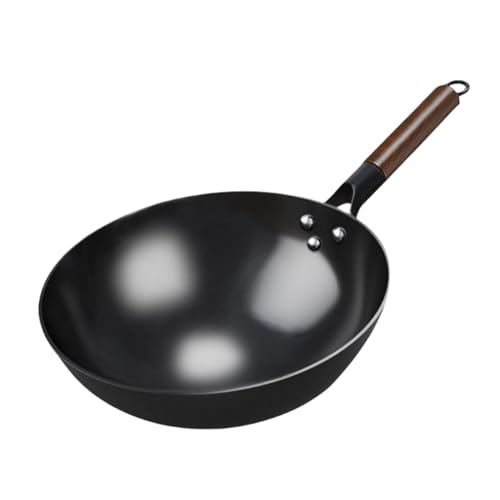 xiaoyuzhou 中華鍋 炒? 炒め鍋 鉄鍋 ih 鉄 フライパン 深型 焦げ付かない 手作り鉄鍋 木製ハンドル 蓋付き 鍋 調理器具 高熱効率 焦げ付き防止 直火・ガス対応 全て熱源対応 中華 鍋 ?? 炒? 手入れが簡単 家庭用 業務用 (耳なし,