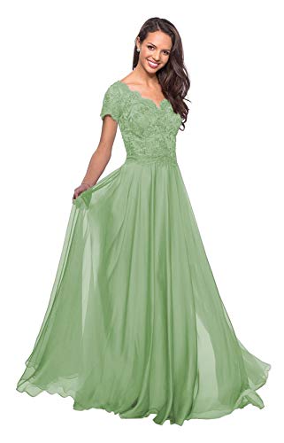 Women Long Floral Lace Mother of Bride Dresses with Short Sleeves Chiffon Formal Evening Gowns Sage Green Size 4