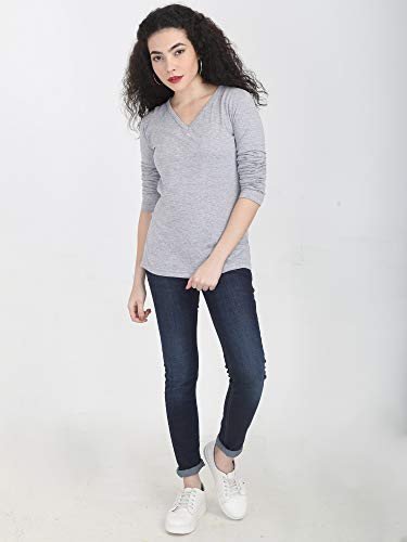 Image of FLEXIMAA Women's Cotton Plain V Neck Full Sleeve T-Shirt