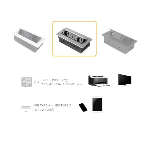 Emuca - Ciabatta Da Scrivania, 2 Prese Eu + 1 Usb Tipo A + 1 Usb Tipo C, 265X120Mm, Acciaio E Alluminio, Verniciato Alluminio - 5