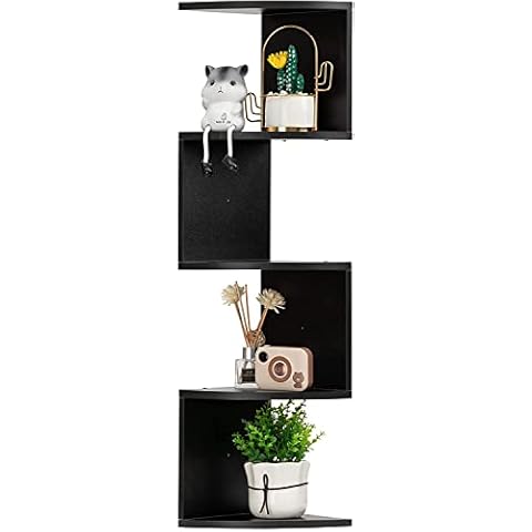 ALIMORDEN Corner Shelves 4 Tiers Wall Mounted Floating Shelves 33” Zigzag Design Shelves for Living Room Office Space, Black Finish Cover