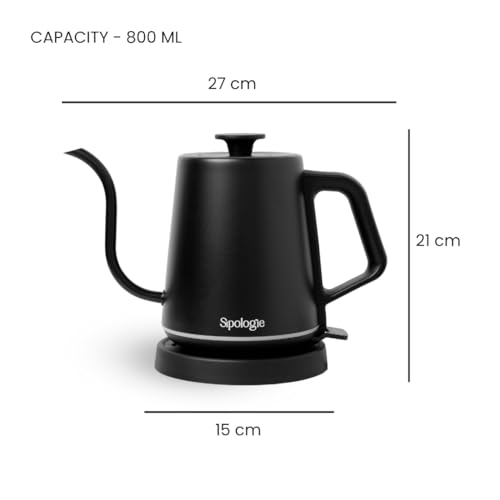 Image of Sipologie Flow Electric Gooseneck Kettle 800ml - 1200W Fast Heating, Premium SUS304 Stainless Steel Body, Matte Finish, Long Spout for Precision Pouring,Pourover Coffee and Loose Leaf Tea Maker