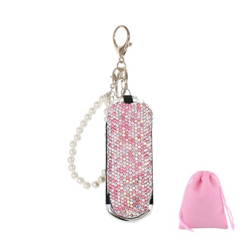 Bling - Llavero plegable con cepillo para el pelo, con diamantes de imitación, mini peine de masaje para el cabello con espejo, para mujeres y niñas, color rosa