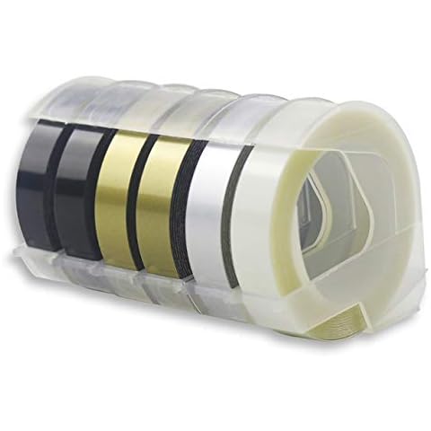6 Rolls Compatible with Dymo Embossing Label Tape Replacement for Dymo Omega Label Tape 3D Self-Adhesive Black/Gold/Silver/Clear for Dymo Embossing Label Maker Omega Junior,9mmx3m Cover