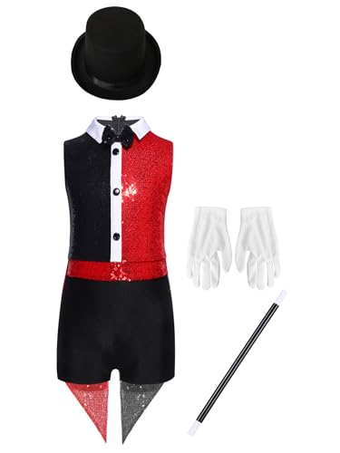 Aislor Traje De Circo Para Niña 4 Piezas Mono Con Lentejuelas Cuello Vuelto + Sombrero Guantes Y Varita Mágica Disfraz Ringmaster Cosplay Rojo 9-10 años