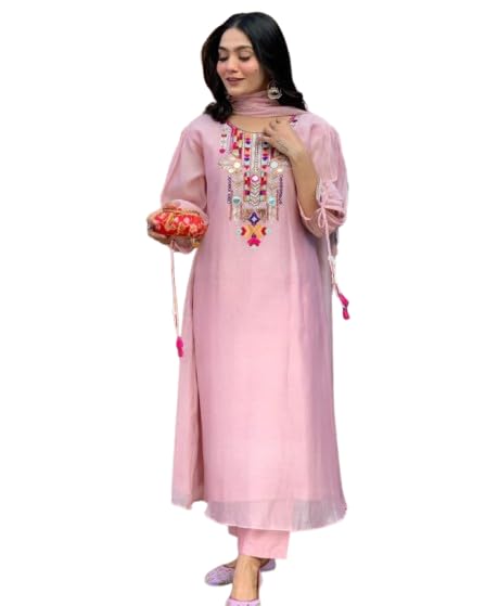 Women's Embroidered PV Chanderi Kurta Pant Dupatta Set Ethnic Suit Set with Organza Dupatta Festive Traditional for Women & Girls-image-18