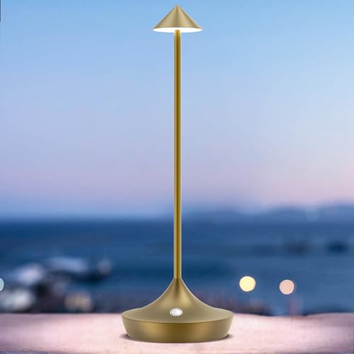 Lampe de table LED sans fil rechargeable, bravzurg 6000mAh lumiere bureau tactile exterieur, metal, design modern, dimmable, étanche, lampe poser pour chevet, interieur, terrasse, restaurant (Bronze)