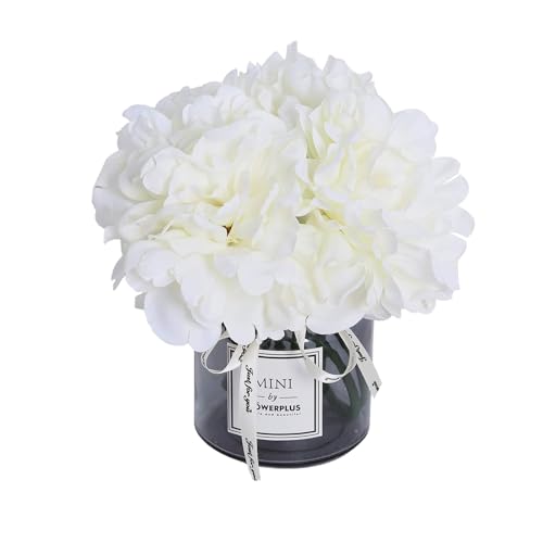 Artificial Hydrangea Flowers in Vase for Dining Table Decor, Realistic Silk Floral Arrangement Centerpiece with Hand-Blown Glass Vase, No Fade No Maintenance - CRFY