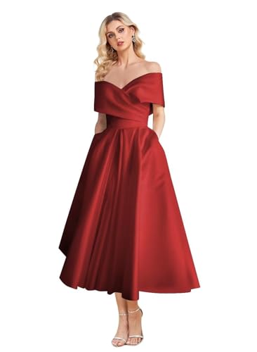 Image of Women's Off Shoulder Wedding Dress for Bride Tea Length A Line Satin Formal Prom Dresses with Pockets