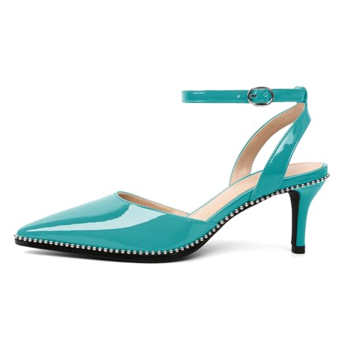Image of SAMMITOP Kitten Heels for Women Low Heel Closed Toe Ankle Strap Pumps Wedding Party Beaded Dress Shoes 2.4 Inch