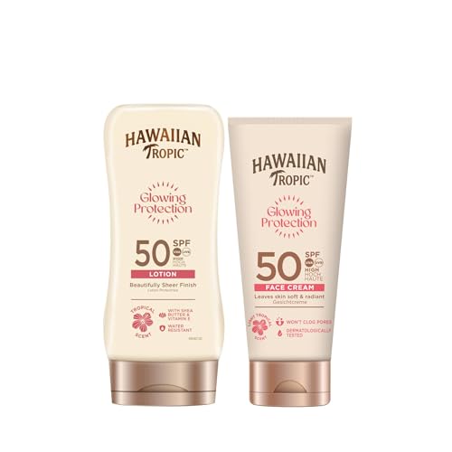 Hawaiian Tropic Glowing Protection Ultra Radiance - Loción Solar Protectora SPF 50, Protege la Piel, Fragancia de Frutas Tropicales180 ml (Individual) + Glowing Protection Facial SPF 50 (50 ml)