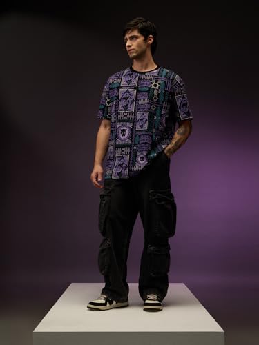 Image of The Souled Store Official Black Panther: Wakanda Tribe Men and Boys Short Sleeves Round Neck Black All Over Printed Cotton Oversized T-Shirts
