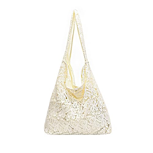 Crochet Tote Bag, Blanco, Unisex, Playa, 16.9 pulgadas (An) x 14.9 pulgadas (Al), Algodón, Ribete de PU, Bolso de hombro de encaje miniatura 1