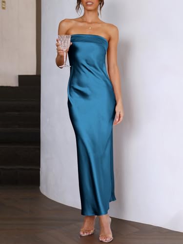 Caracilia Women's Strapless Satin Tube Bodycon Backless Wedding Guest Maxi Dress 2025 Fall Formal Long Dresses2