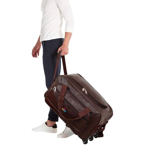 Image of Large Strolly Travel Duffle Bag with Wheels PU Leather Brown