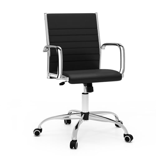 Image of COSTWAY Executive Office Chair, Ergonomic High Back PU Leather Swivel Computer Desk Chair with Chrome Arms, Height Adjustable Rolling Padded Conference Manager Task Chairs (Black, 59 x 54 x 101 cm)