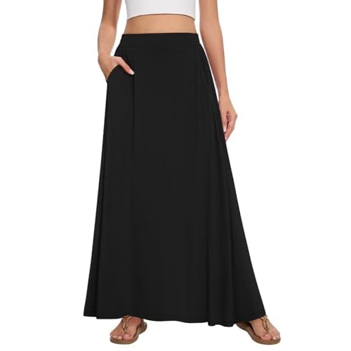 Womens Maxi A-line Long Skirt Casual 2025 Elastic High Waist Flowy Skirts with Pockets