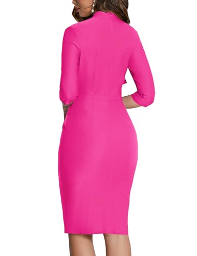 Image of MUXXN Women's Midi Pencil 1950s Vintage Cocktail 3 /4 Sleeve Tie Neck Bodycon Mid-Calf Dress with Pockets