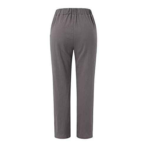 Generic Linen Pants Women Summer Elastic Waist Straight Leg Lounge Pants Solid Color Lightweight Trendy Trousers with Pocket4