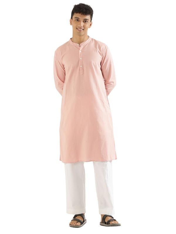 Image of SAADAA Men's Long Kurta - Linen Cotton Blend, Airy Fabric, Regular Fit, Mandarin Collar, Solid Color - Casual, Festive & Ethnic Wear