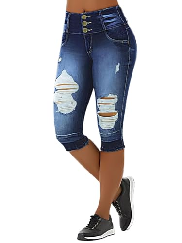 Flamingals Women's Distressed Mid Waist Skinny Jeans Stretchy Button Raw Hem Fall Trendy Denim Capris