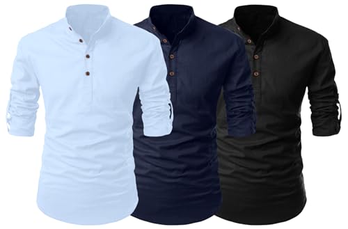 Image of FINIVO FASHION Combo of Men's Cotton Blend Solid Regular Fit Full Sleeve Straight Short Kurta Shirt, Casual and Formal Wear