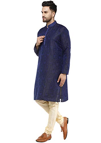 Image of Men's Silk Blend Kurta Set Pajamas Jacqured Silk Ethnic Attire For Festival