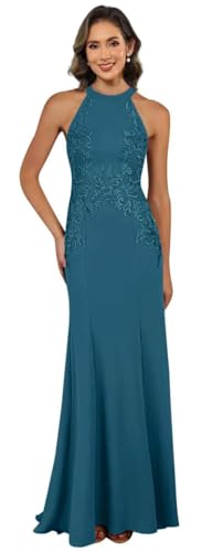 Image of KDTM Satin Lace Mother of The Bride Dresses Long Halter Sleeveless Formal Dresses for Women Wedding Guest