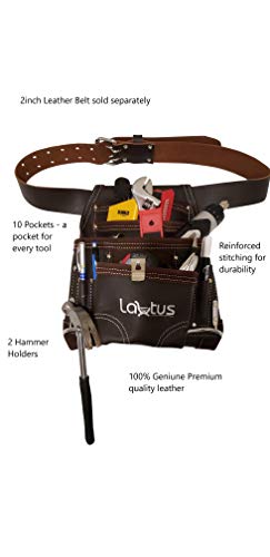 Lautus Oil Tanned Leather Tool Pouch Bag | Carpenter, Construction, Framers, Handyman | 10 Pockets, 2 Hammer Holders | 100% Leather Dark Brown #TOP4