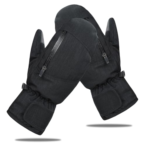 PONCEAU Waterproof ski mittens gloves men women thermal winter gloves for men unisex snow gloves touchscreen gloves Black L