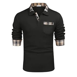 COOFANDY Men’s Casual Polo Shirt Long Sleeve Classic Plaid Button Tees with Pockets