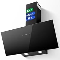 TopStrong Cooker Hood 90cm, 600 m³/h Extractor Fan kitchen, Wall-Mounted Extractor Hood, A++ Energy Efficiency, Touch Control, 58 dB, Recirculating & Ducting System, Black