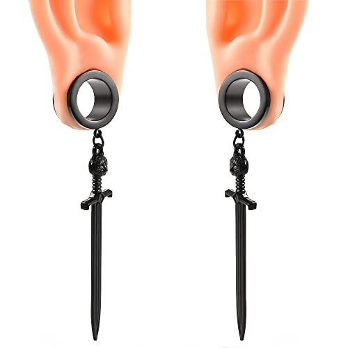 Doearko 2Pcs Ear Gauges Cool Sword-Pendant 316 Hypoallergenic Stainless Steel Dangle Ear Plugs Tunnels Gauges Stretcher Piercing Body Jewelry (8Mm(0G), Black) #TOP1