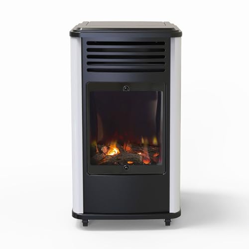 Sahara - Poele à gaz Manhattan 3.4KW Blanc et Noir - Chauffage d'appoint Effet Feu de Bois 3 Niveaux de Chauffe