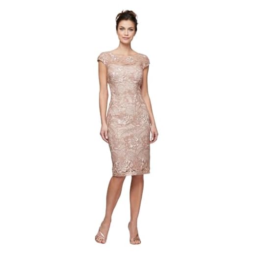 Alex Evenings Women's Short Knee Length Floral Embroidered Cocktail Sheath Dress, Rose Gold, 10